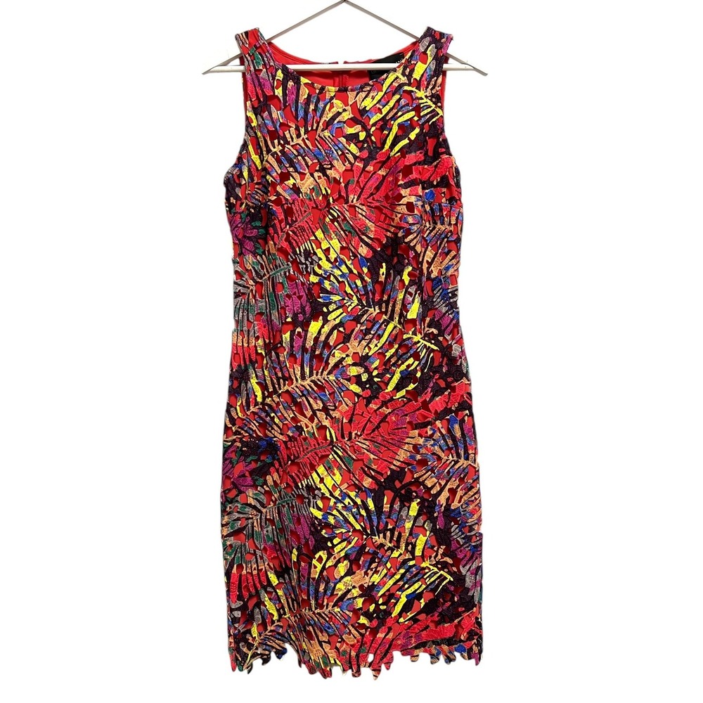 Frank Lyman Dress Womens 8 Multicolor Lace Cutout Sheath Knee Length Cocktail